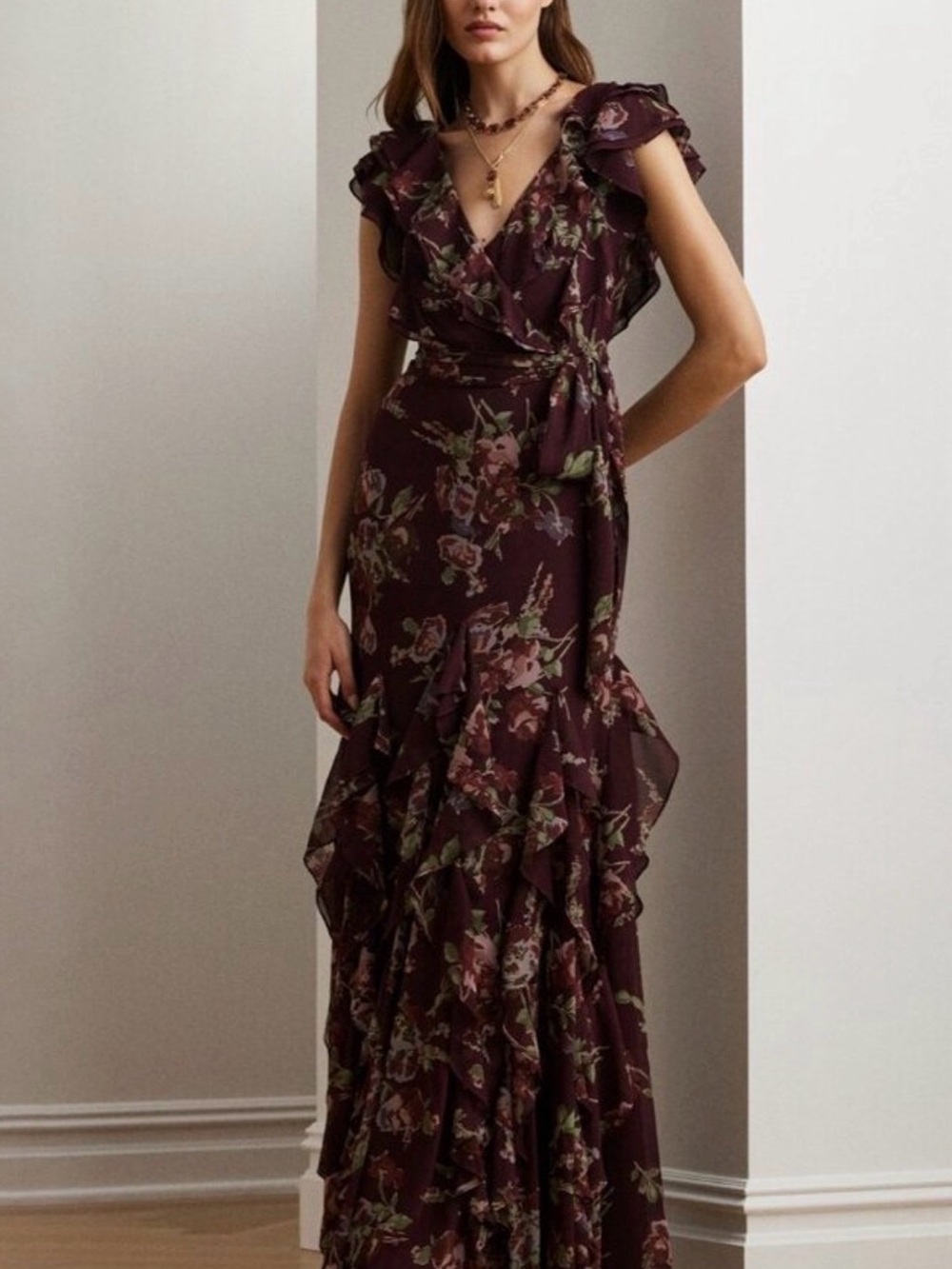 NWT Ralph Lauren Floral Ruffle Maxi Dress in Burgundy Size 10